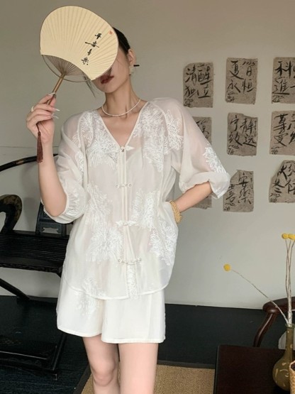 Cang Lan Long Sleeve Graceful Embroidered Set-Ivory (Skirt & Shorts)-The Black Bow-