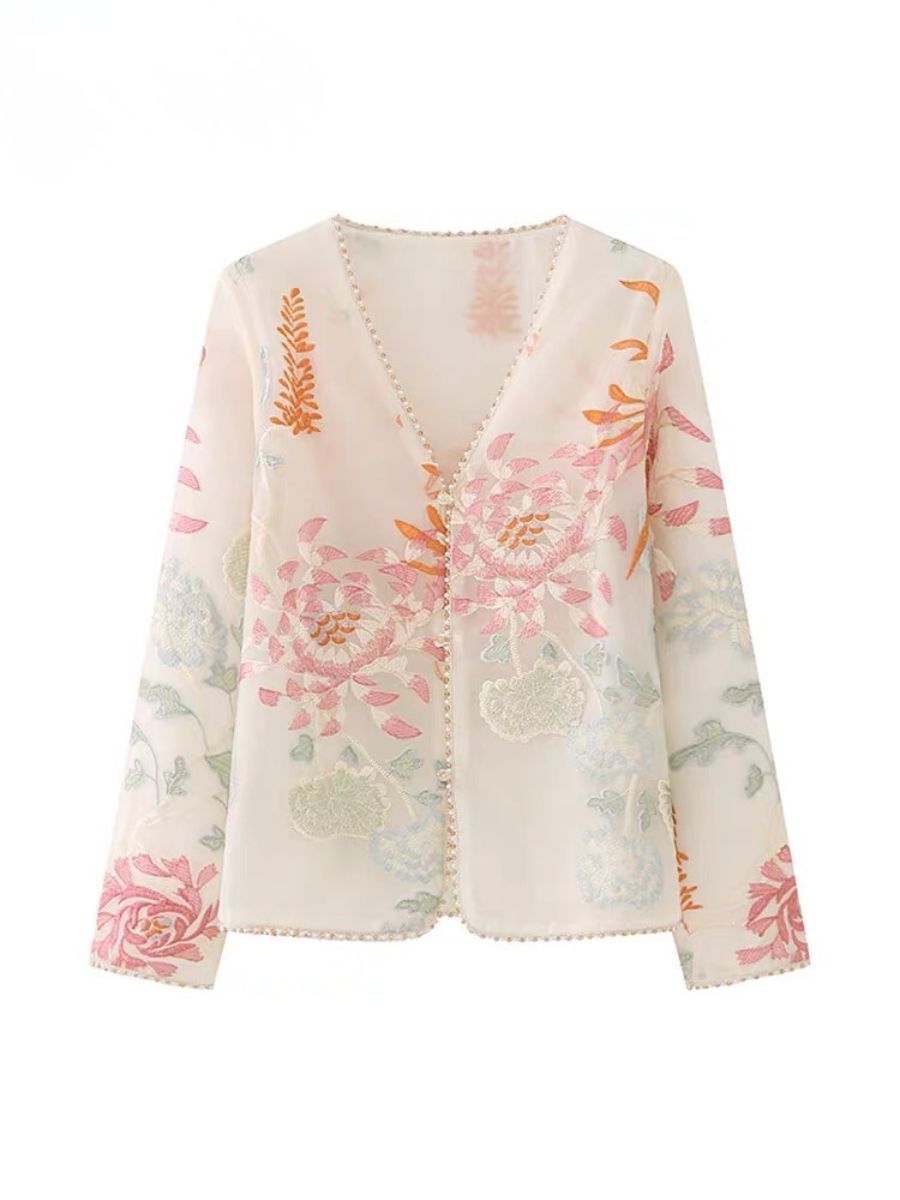 Li Ya Floral Embroided Long Sleeve Oriental Vest