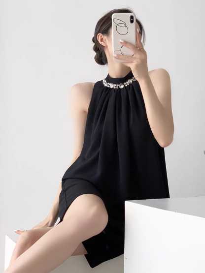 Raney Rhinestone Halter Neck Top-The Black Bow-