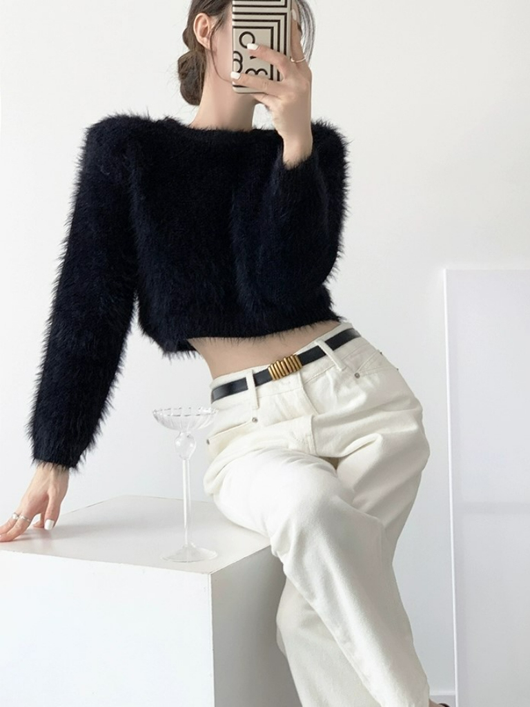 Rivern Long Sleeve Furry Crop Sweater-The Black Bow-