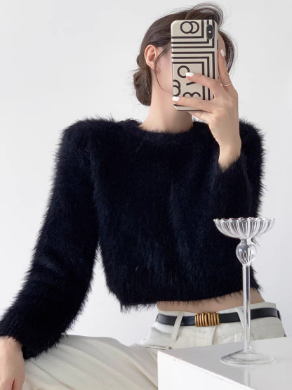Rivern Long Sleeve Furry Crop Sweater-The Black Bow-