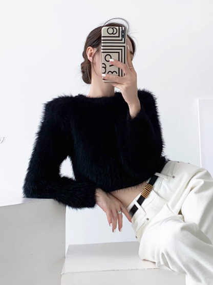 Rivern Long Sleeve Furry Crop Sweater-The Black Bow-