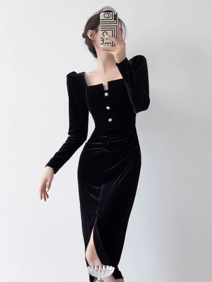 Remington Square Neck Velvet Evening Dress-The Black Bow-