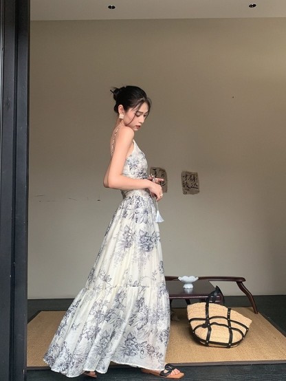 Cang Ning Floral Print Ruffle Hem Cami Dress-The Black Bow-