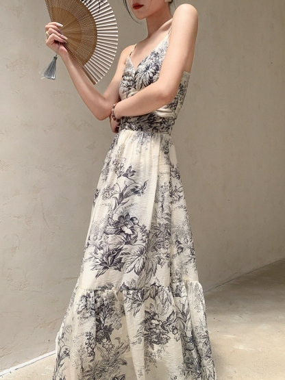 Cang Ning Floral Print Ruffle Hem Cami Dress-The Black Bow-