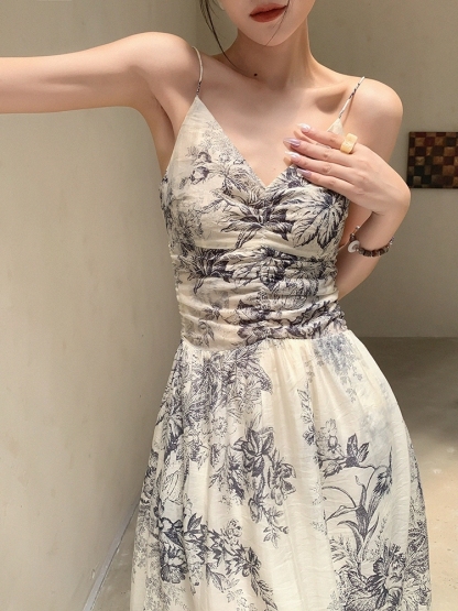 Cang Ning Floral Print Ruffle Hem Cami Dress-The Black Bow-