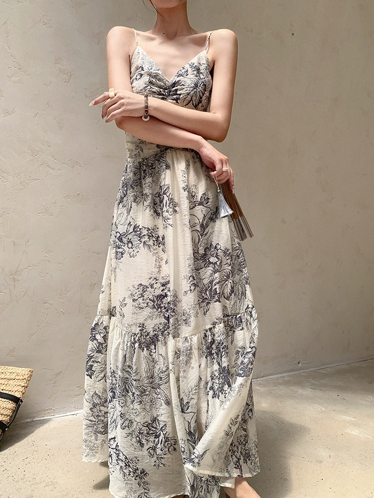 Cang Ning Floral Print Ruffle Hem Cami Dress-The Black Bow-