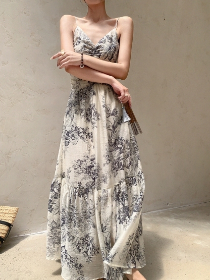 Cang Ning Floral Print Ruffle Hem Cami Dress-The Black Bow-