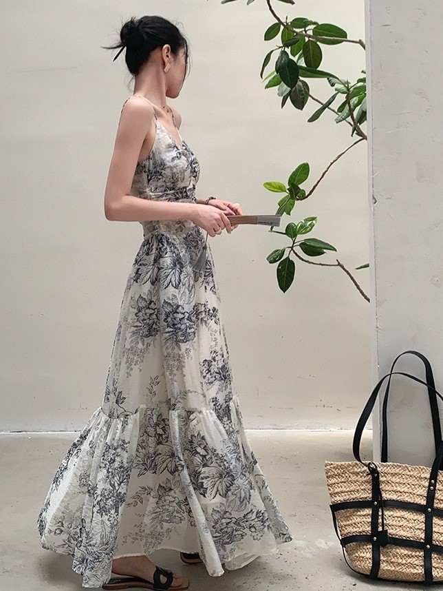 Cang Ning Floral Print Ruffle Hem Cami Dress-The Black Bow-