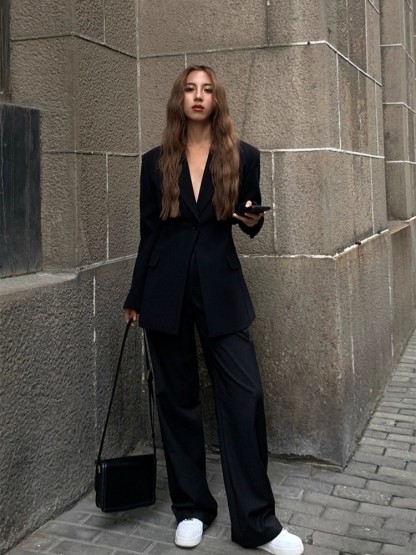Katida Slim Waist Single Button Blazer with Shoulder Padding-The Black Bow-