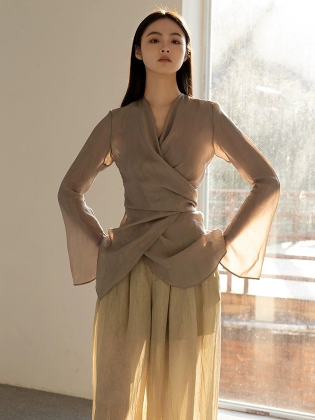 Koral Trumpet Sleeve Front Wrap Top-The Black Bow-