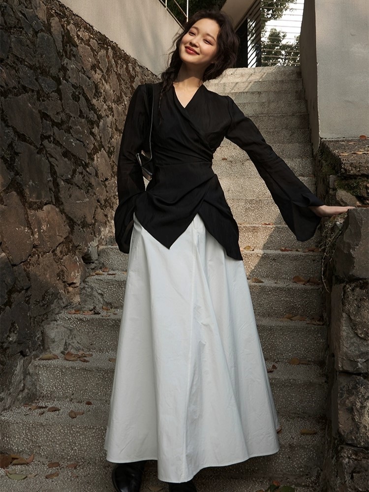 Koral Trumpet Sleeve Front Wrap Top-The Black Bow-