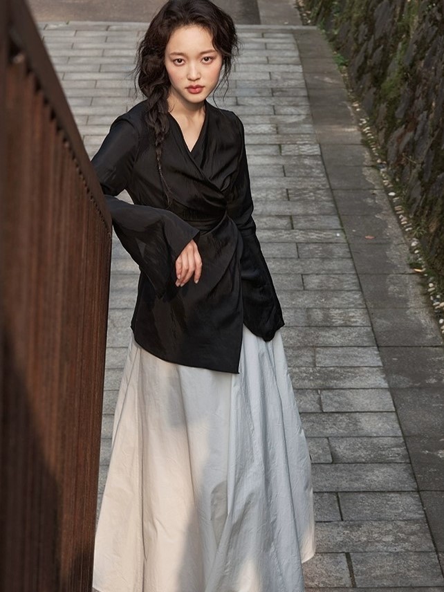 Koral Trumpet Sleeve Front Wrap Top-The Black Bow-