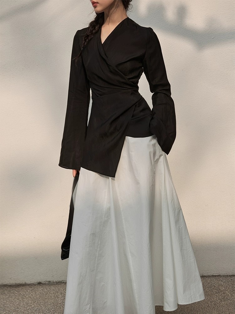 Koral Trumpet Sleeve Front Wrap Top-The Black Bow-