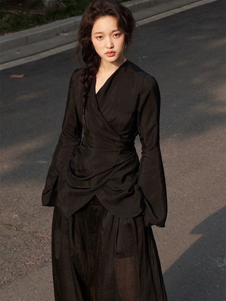 Koral Trumpet Sleeve Front Wrap Top-The Black Bow-