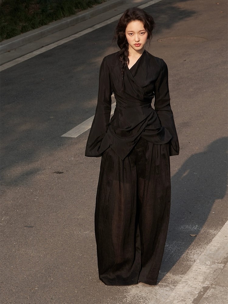 Koral Trumpet Sleeve Front Wrap Top-The Black Bow-