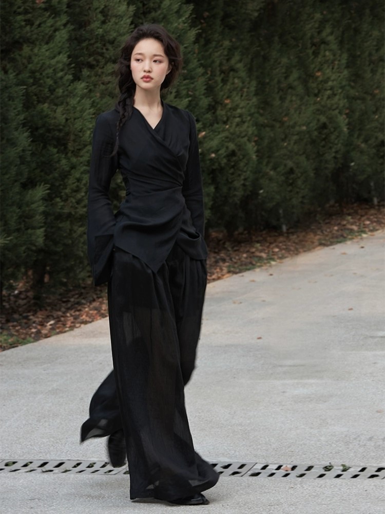 Koral Trumpet Sleeve Front Wrap Top-The Black Bow-