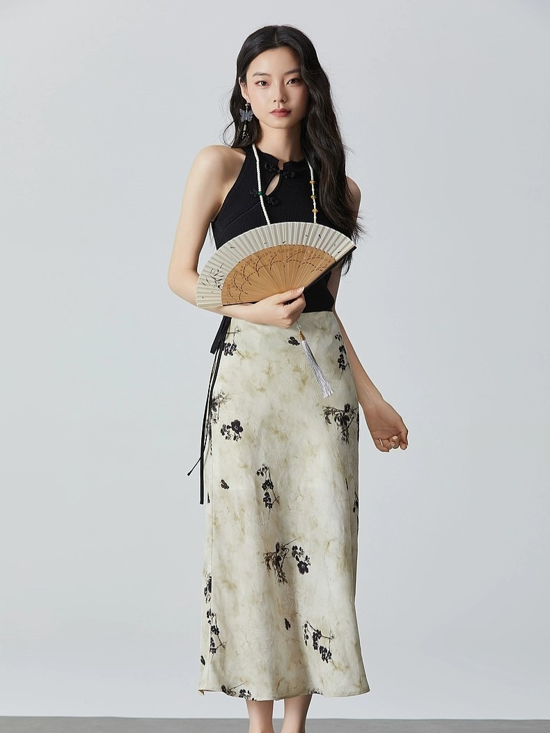 Fang Hua Oriental Printing A-Line Skirt-The Black Bow-