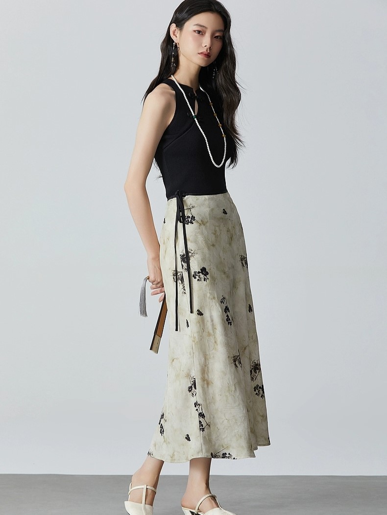 Fang Hua Oriental Printing A-Line Skirt-The Black Bow-