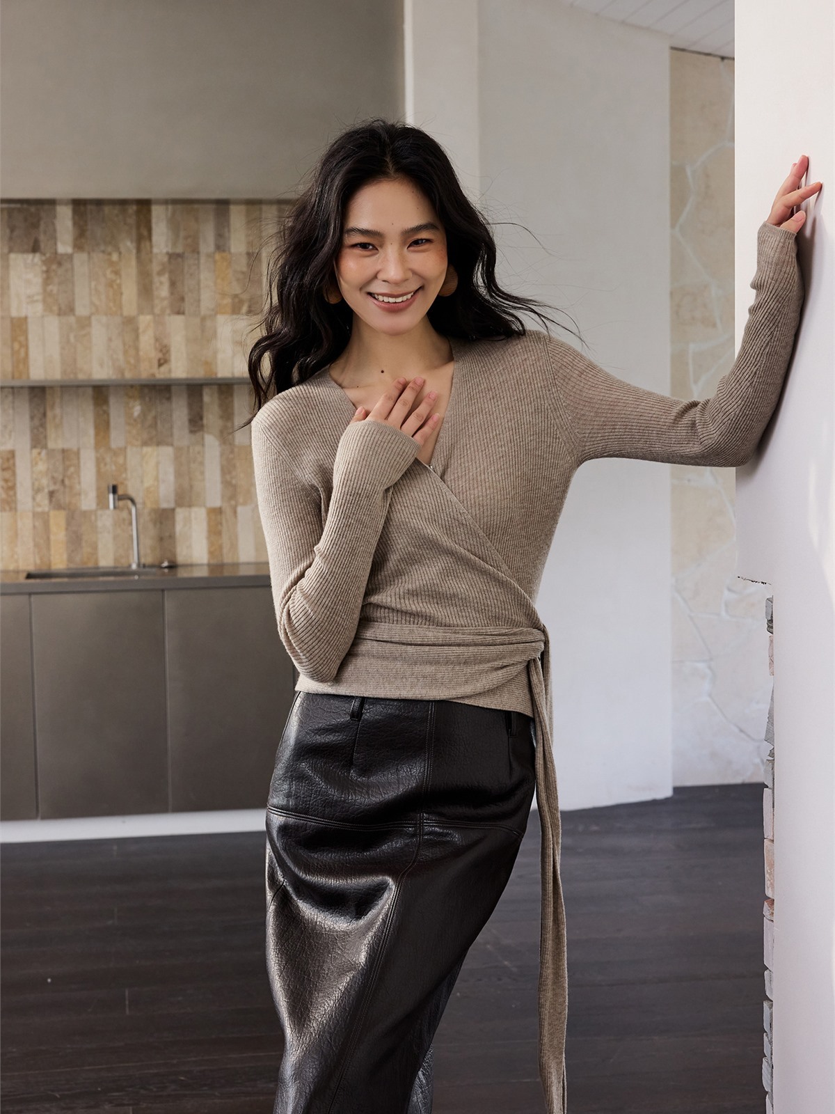 Honora Long-Sleeve Wrap Knit Top