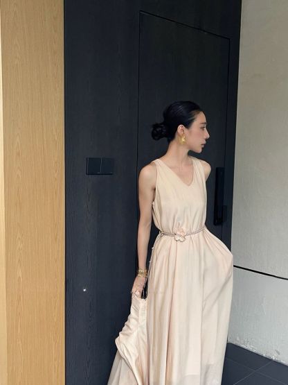 Amelia  V Collar Maxi Dress with Belt Tie