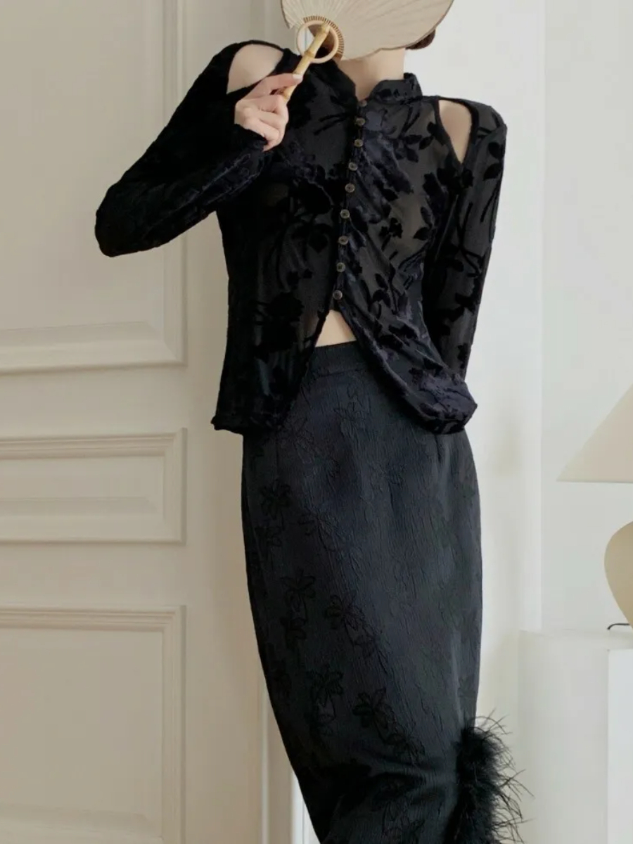 Ling Yun Feather Trim Jacquard Oriental Skirt-The Black Bow-