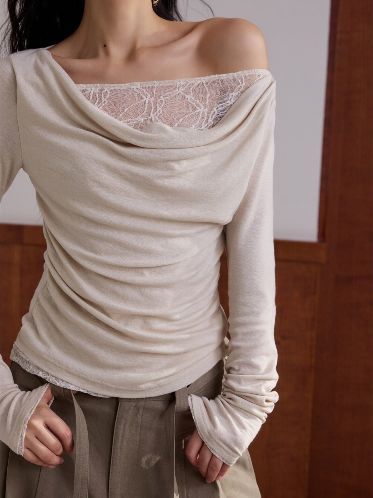 Hary Lace Trim One Shoulder Long-Sleeve Top