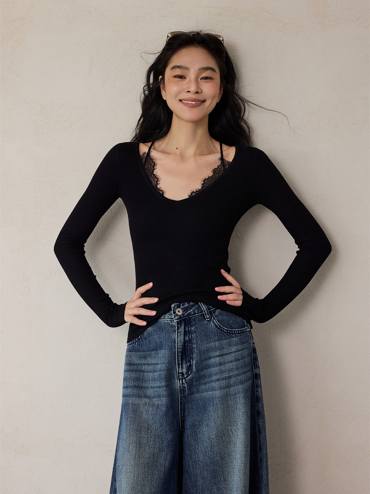 Hazel Lace-Trim Long-Sleeve Top