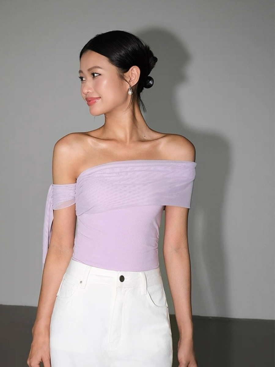Alaina One Shoulder Top with Flowy Mesh Tie