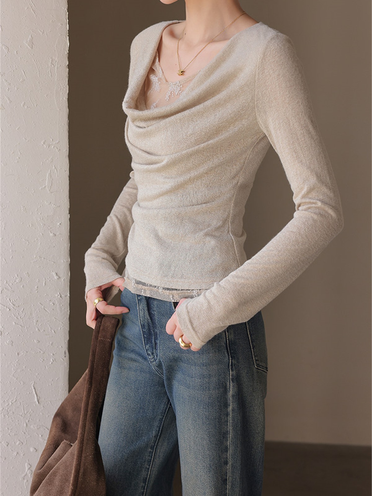 Hermione Ruched Cowl-Neck Long-Sleeve Top