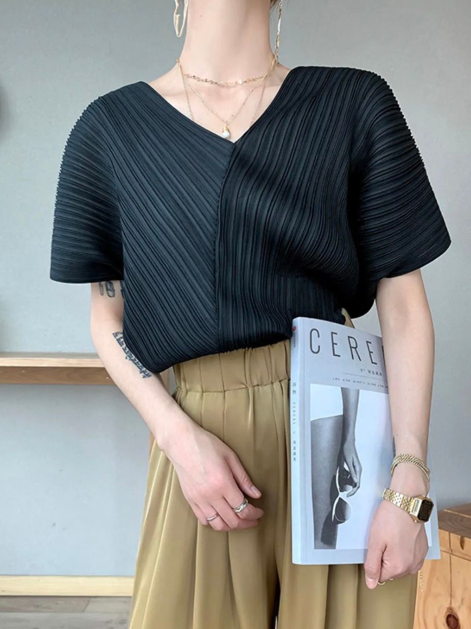 Khloe Pleated V Neck Blouse-The Black Bow-