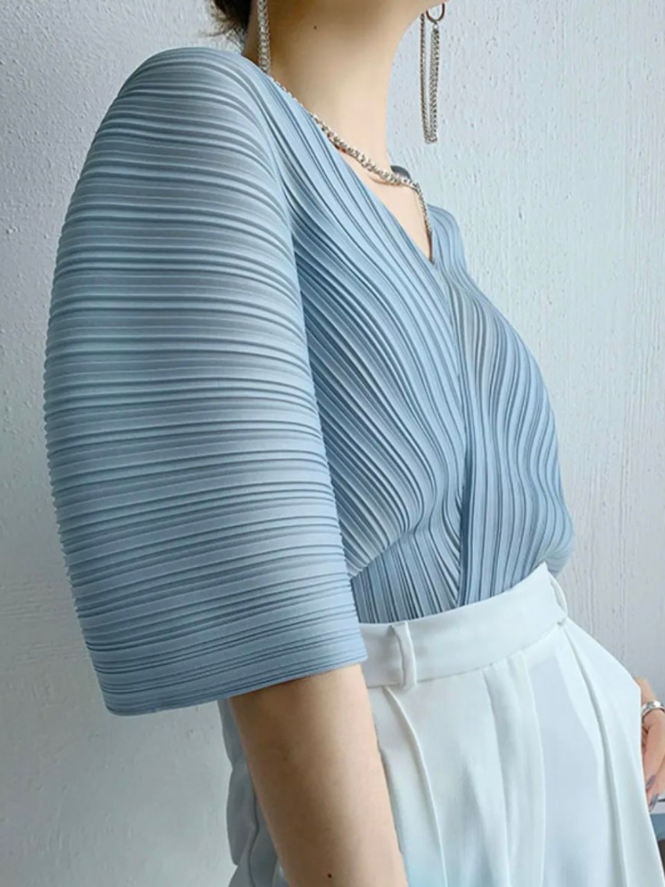 Khloe Pleated V Neck Blouse-The Black Bow-