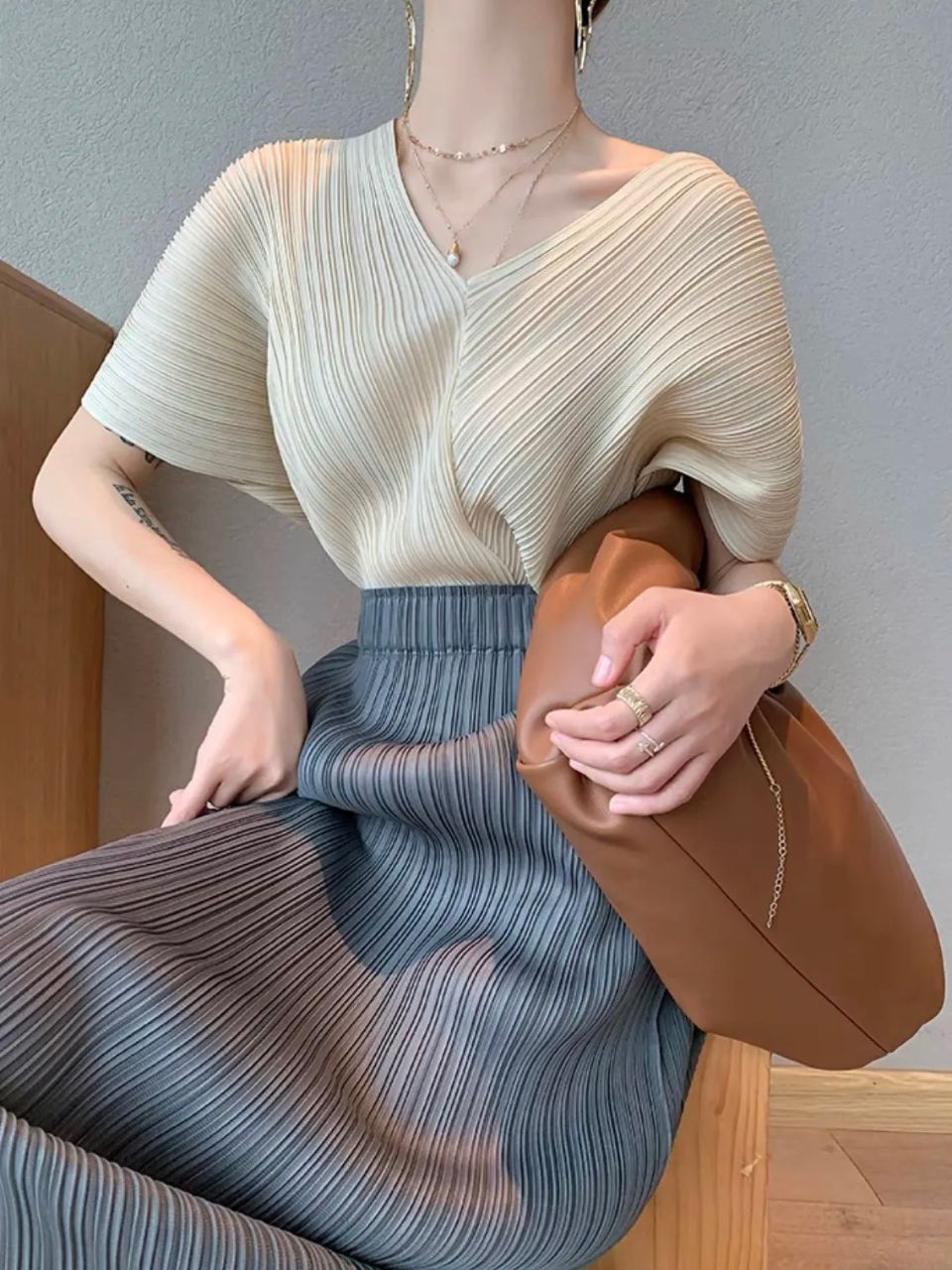 Khloe Pleated V Neck Blouse-The Black Bow-