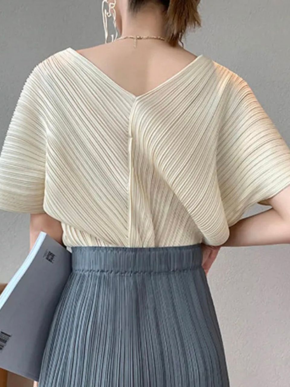 Khloe Pleated V Neck Blouse-The Black Bow-