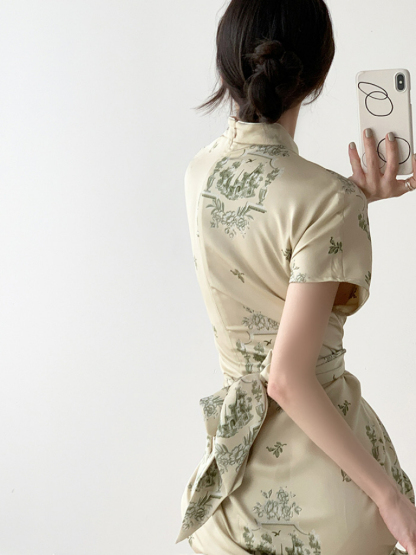 Yu Jin Waist Knot Shanghai Collar Oriental Dress With Sleeve-The Black Bow-
