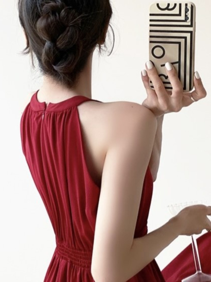 Jeanelle Halter Neck Pleated Fit & Flare Dress-The Black Bow-