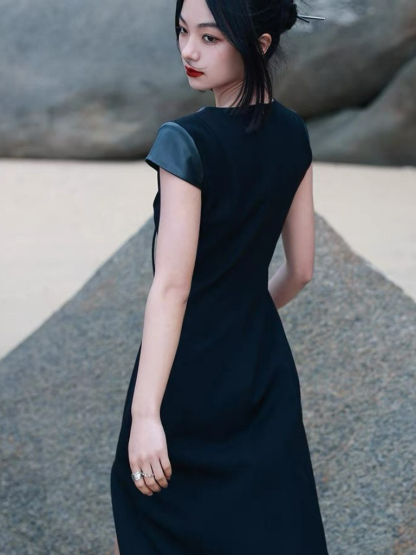Bao Yu PU Montage Cap Sleeve Oriental Slit Dress (Discounted-S size)-The Black Bow-