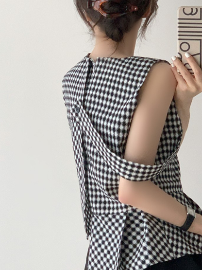 Daphne Asymmetrical Sleeveless Top (Checked)-The Black Bow-
