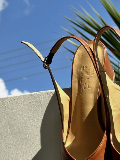 Noir Pointed Toe Block Heel Slingbacks-Windsor Tan-The Black Bow-