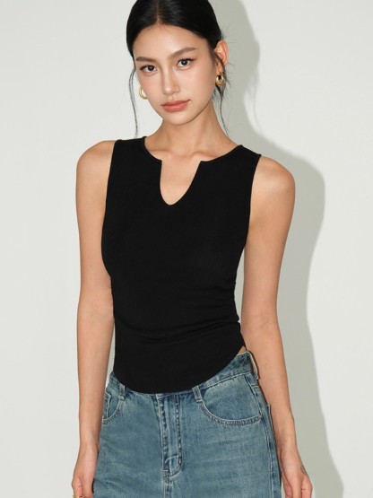 Macy Open Neck Sleeveless Top-The Black Bow-