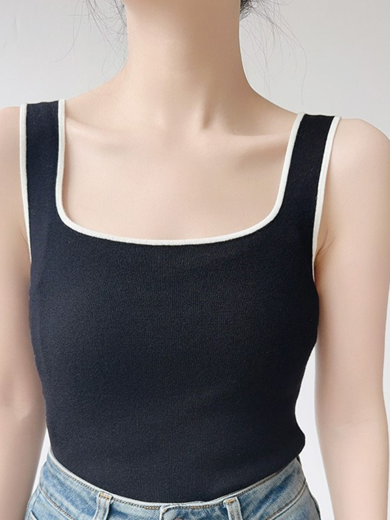 Jenaya Contrast Binding Square Neck Knit Top (Discounted-Free size)-The Black Bow-