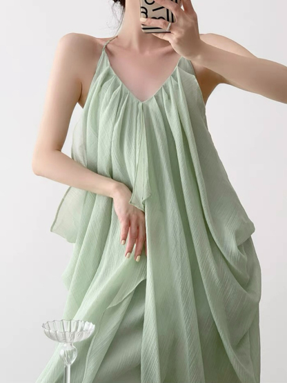 Nubia Halter Neck Layered Flowy Dress-The Black Bow-