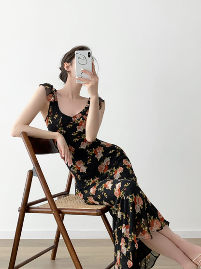 Nady Ruffle Collar Black Floral Dress-The Black Bow-