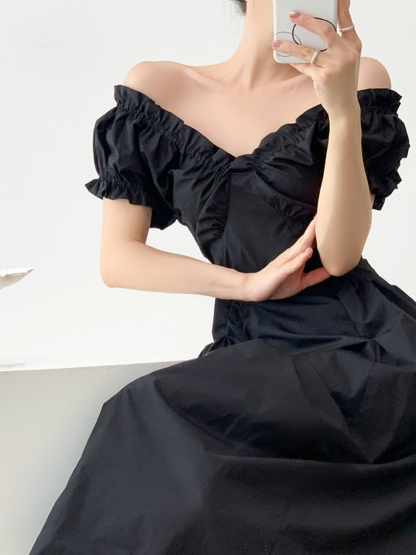 Neyle Puff Sleeve Off Shoulder Dress-The Black Bow-