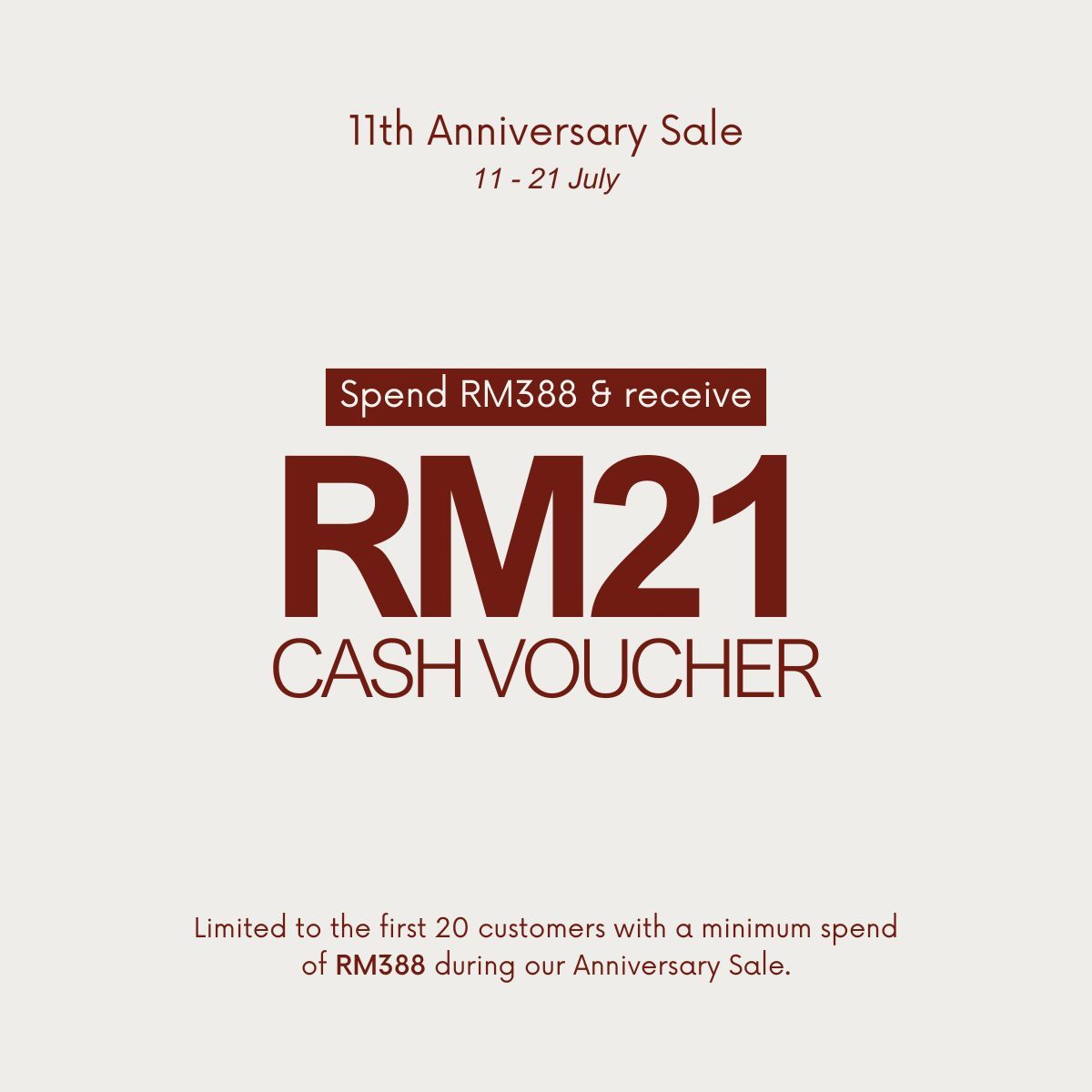 【Anniversary Gift】RM21 Cash Voucher | No min. order