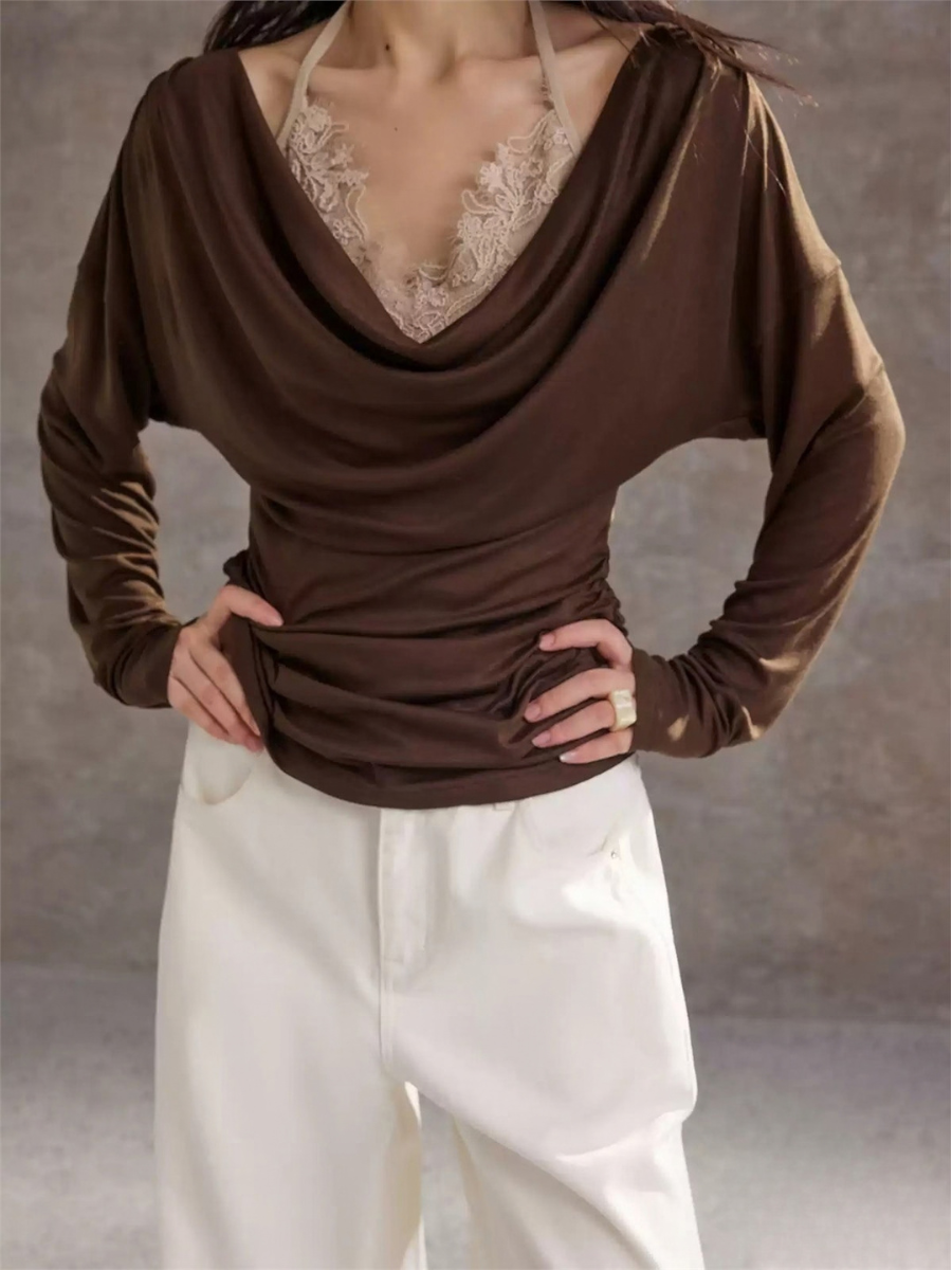 Hesty Two-Piece Halter Neck & Draped Collar Long Sleeve Top (Sold Seperately)