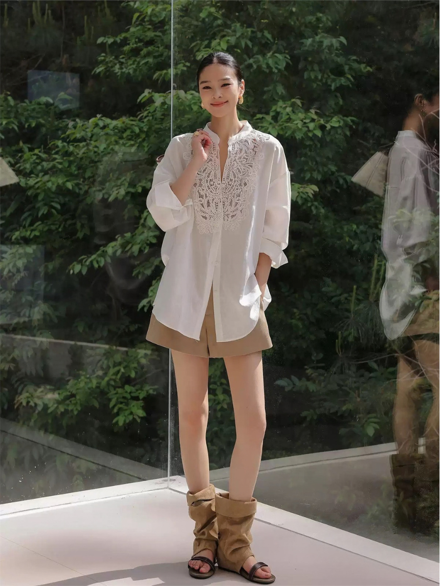 Henrietta Embroidered Lace-Panel Blouse