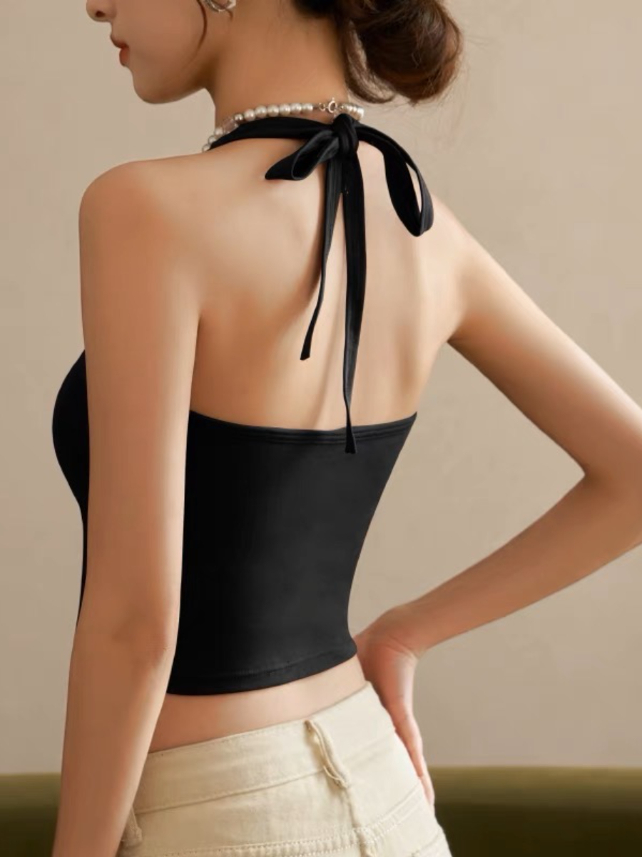 Jalyna Halter Neck Tie Padded Knit Cropped Top-The Black Bow-