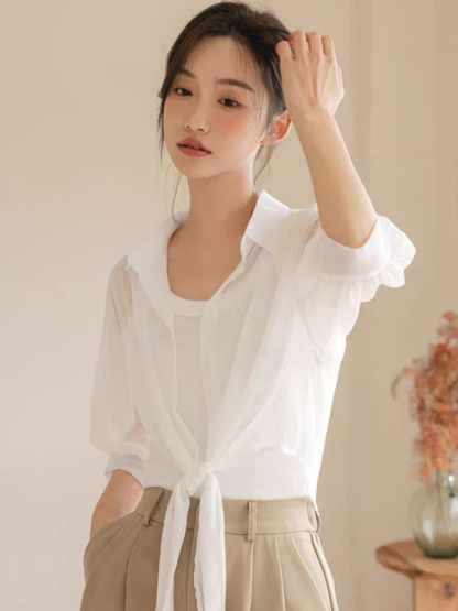 You Li Tie Up Sheer Chiffon Shirt -The Black Bow-