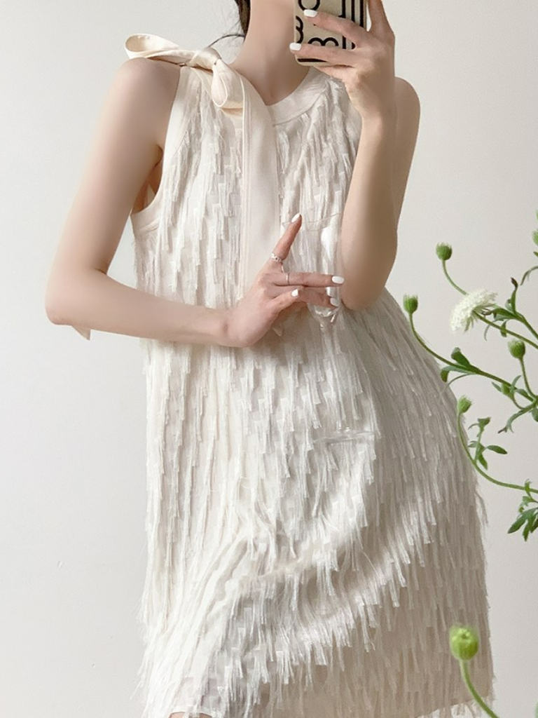 Shawna Ribbon Tie Sleeveless Tassel Dress-The Black Bow-